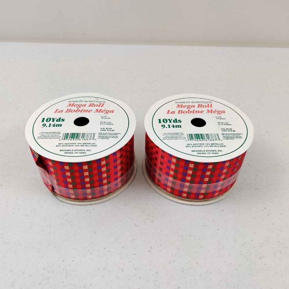 2 Mega Roll Wired Edge Ribbon 2.5” x 10 yards Red Blue Green And Gold